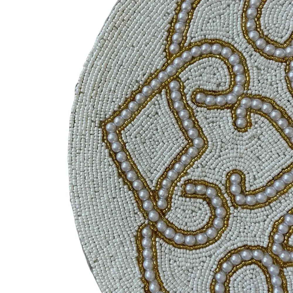 TIRAMISU Handmade Beaded 15in Round Placemat Charger Glam White & Gold NEW
